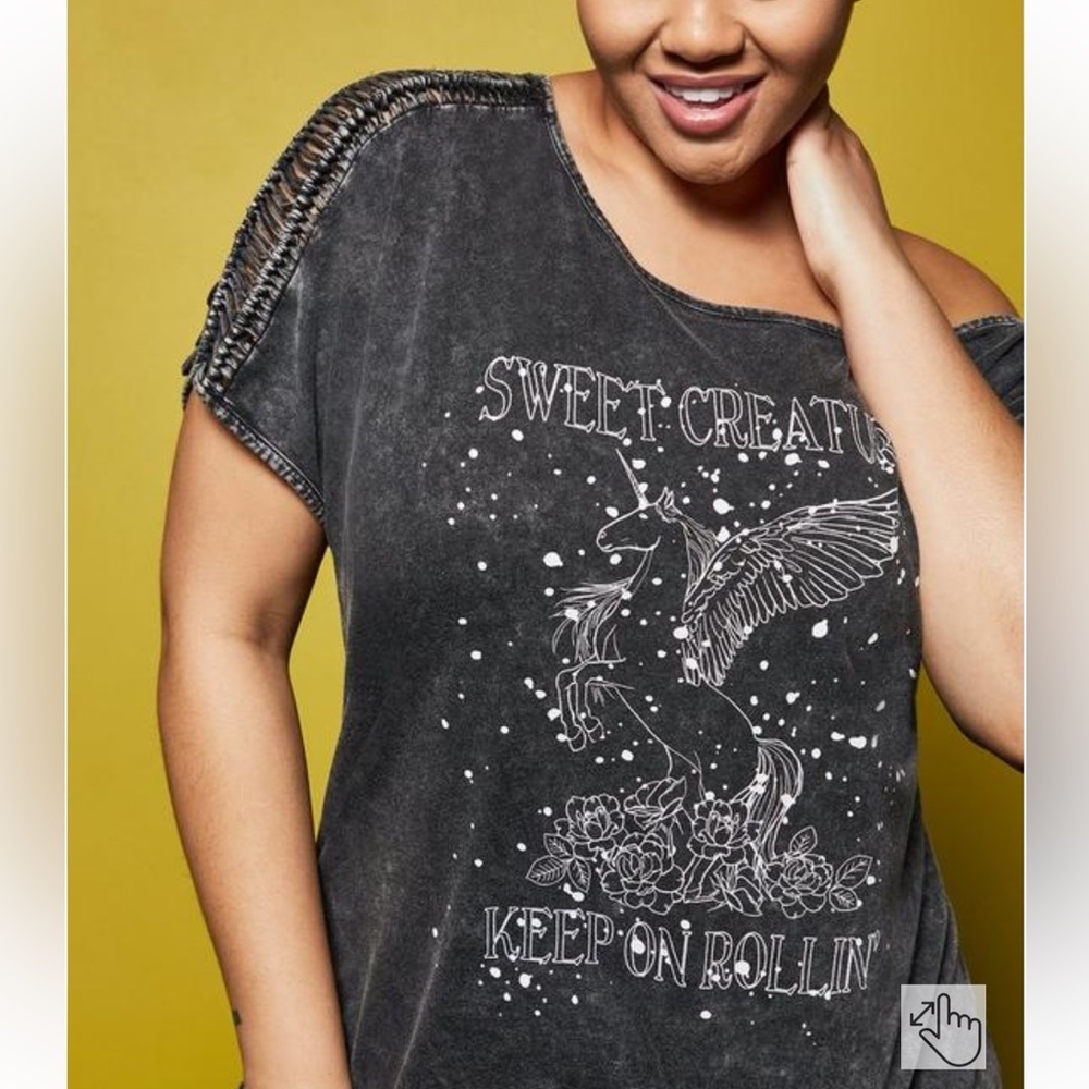 Torrid LoveSick Black Acid Wash Pegasus Off Shoulder Tee NWOT